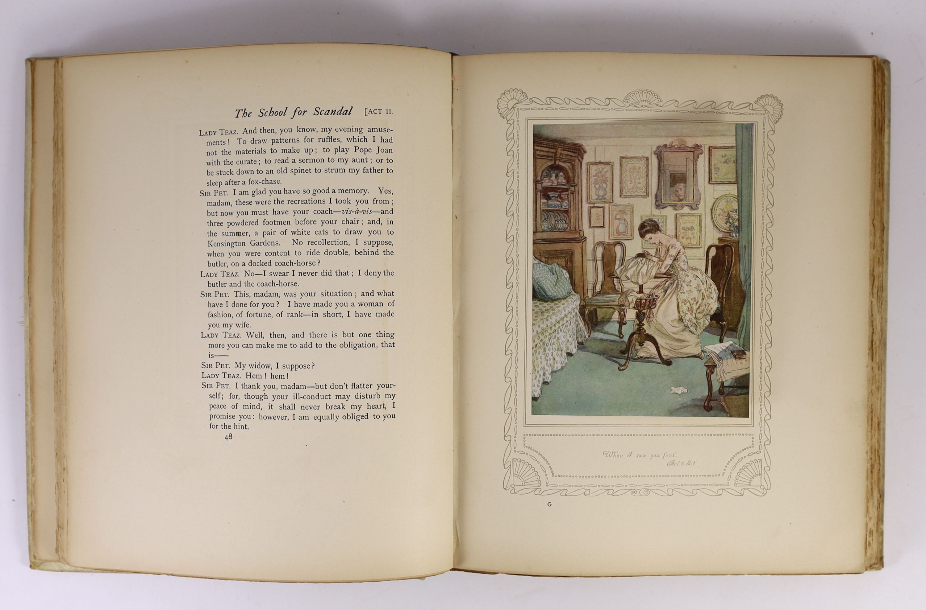 Sheridan, Richard Brinsley - The School for Scandal,de luxe edition, one of 350, signed and illustrated with 25 tipped-in colour plates by Hugh Thomson, folio, pictorial gilt vellum, Hodder and Stoughton, London, c.1911
